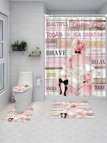 1/4pcs Pink Floral Pattern Bathroom Decor Set, Including Bathroom Curtain, Shower Curtain With Inspirational Quotes, Rug And Accessories, Girly Fragrance Bathroom Set - A - View 15