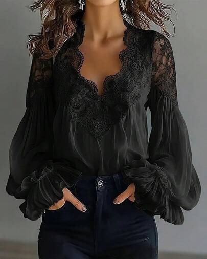 Women's Lace Trim Blouse, Sheer Chiffon Sleeve Ruffle Cuff Top