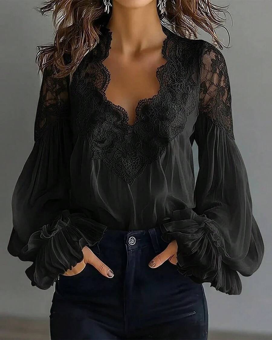 Women's Lace Trim Blouse, Sheer Chiffon Sleeve Ruffle Cuff Top - 黑色 - 查看 1