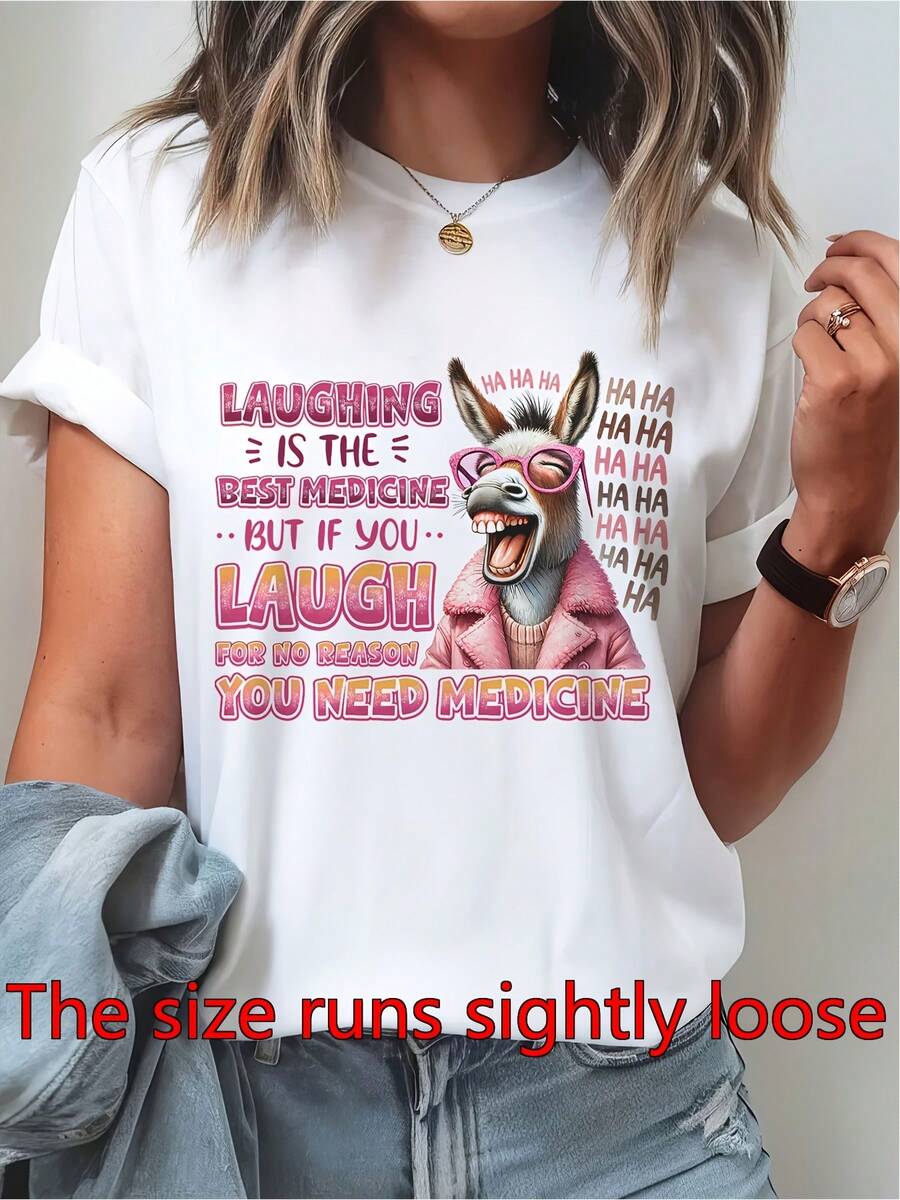 Women's Funny Laughing Donkey T-Shirt - Laughter Is The Best Medical Graphic Tee With Donkey Print, Short Sleeve White Crew Neck, Medium Stretch Fabric Suitable For Casual Spring Summer Autumn Wear, Humorous Gift, Machine Washable - 白色 - 查看 1