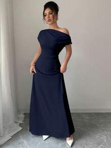 Vestido de mujer con estampado minimalista, hombro asimétrico y talle fruncido - Azul marino - Ver 3