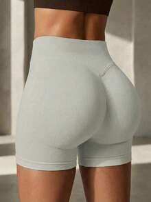 FWH #Slimming & Shaping# 女款無縫運動短褲，彈性腰帶，3D抓皺設計，舒適彈性腰，提臀抓皺效果，強化臀部線條，活動不受限，適合日常休閒、運動、健身、跑步，休閒提臀健身短褲 - 灰色 - 查看 4