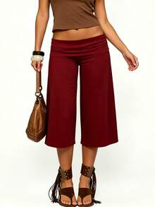 Women Yoga Capri Pants Wide Leg Cropped Pants With Fold Over Waistband For Fitness Workout Light Grey Lounge Pants For Women Elastic Waist 3/4 Length Pants Casual Culottes Trousers For Daily Wear - 酒紅色 - 查看 7