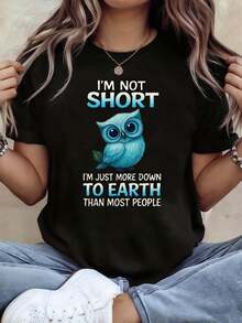Im Not Short To Earth Owl Humor Graphic Print T Shirt Women Spring Summer Short Sleeve Crew Neck Casual T Shirt Daily Leisure Holiday Gift - 黑色 - 查看 2