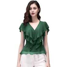 Blusa Elegante de Gasa con Cuello en V y Manga Corta para Mujer, Diseño de Moda con Encaje, Camisa de Verano Estilizada, Esti... - Negro - Ver 2