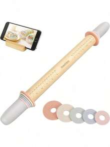 Adjustable Wood Rolling Pin With 5 Thickness Rings, Precise Dough Roller Handle Press Design With Measurement Guide For Fondant, Pizza, Pie Crust, Cookie, Pastry Baking Decorating Accessories - West - View 1