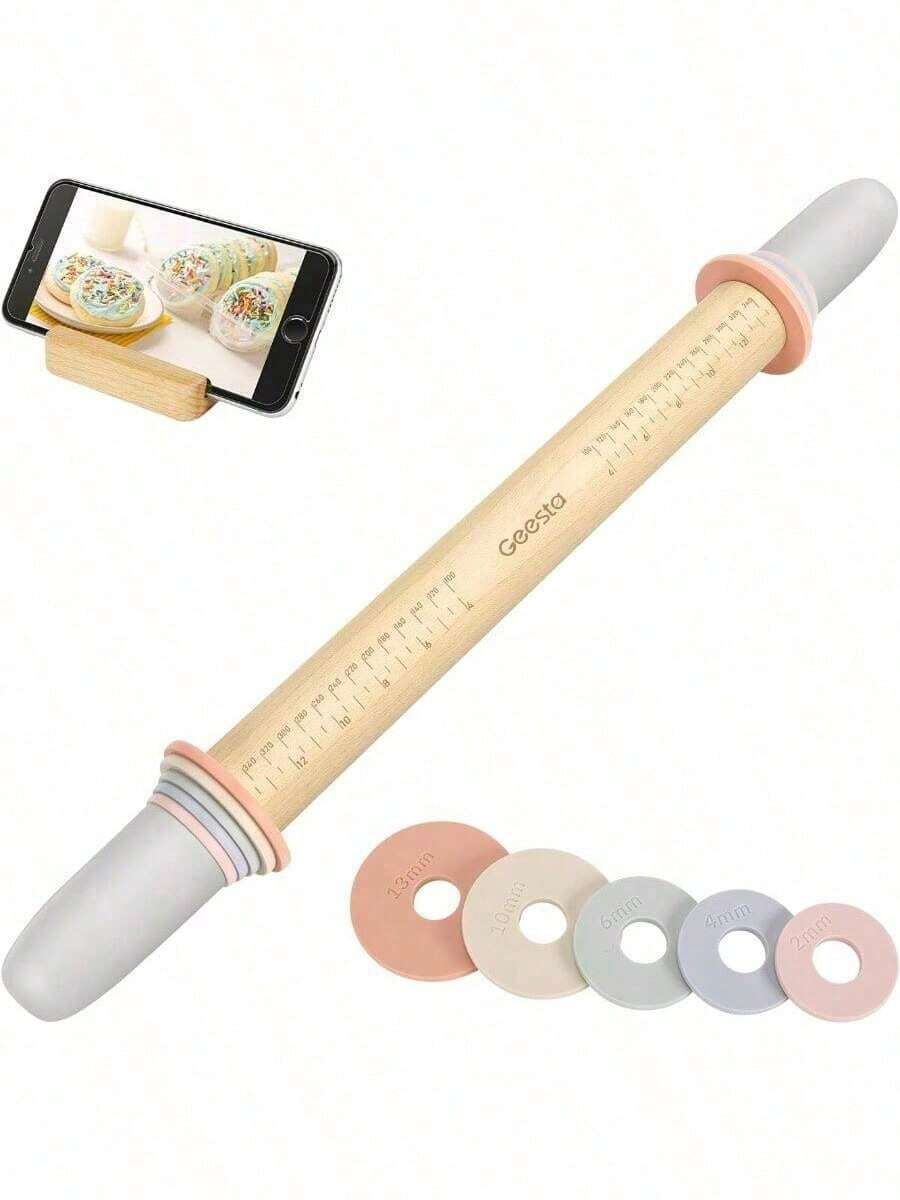 Adjustable Wood Rolling Pin With 5 Thickness Rings, Precise Dough Roller Handle Press Design With Measurement Guide For Fondant, Pizza, Pie Crust, Cookie, Pastry Baking Decorating Accessories - West - View 1