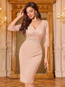 MIUSOL Elegant Women's Sequin Lace Bodycon Cocktail Dress, 3/4 Sleeve V Neck High Waist Midi Pencil Dress With Ruched Wrap Hem For Wedding, Evening Party - Champagne - View 6