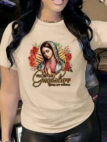 GiftT-Shirt Women's Graphic T-Shirt Short Sleeve Round Neck Basic Comfortable Cool Lightweight Mexican Print Virgin Of Guadalupe Mexico Roses Flower Floral Phrase Pray For Us Soft - 貝斯 - 查看 1