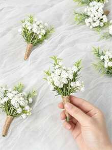 6pcs/1pc White And Green Baby's Breath Groom Boutonniere Set - Handmade Wedding Flowers Suitable For Groom, Groomsmen Boutonnieres For Weddings, Proms, Anniversaries, Homecoming Dances And Country Autumn Occasions - Multicolor - View 3