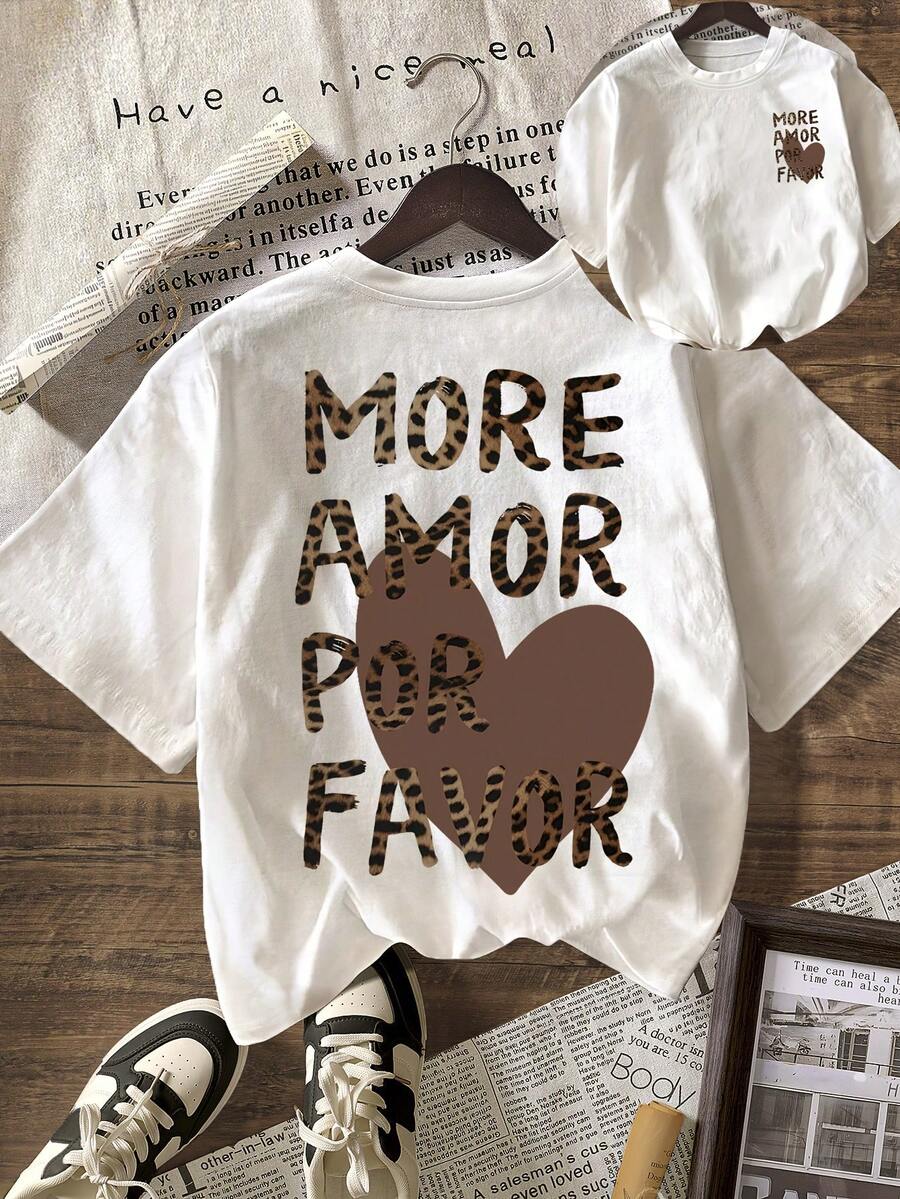 2026新款豹纹“More Amor Por Favor”棕色爱心图案T恤，女士夏季度假装，女士休闲圆领短袖T恤 - 白色 - 查看 1