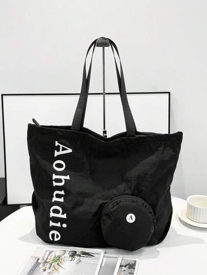 Túi tote in chữ dung tích lớn, túi mua sắm bằng nylon có thể gập lại, túi đựng đồ đa năng tiện dụng cho phòng tập thể dục.