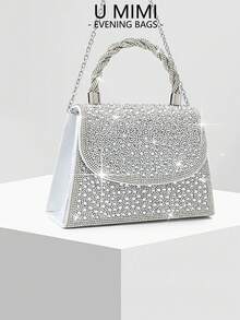 New Rhinestone Party Handbag, Formal Evening Clutch, Rhinestone Decor Wedding Ceremony Purse, Bridal Accessories - Silver - View 3