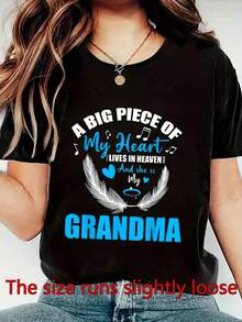 Women's "A Big Piece of My Heart Lives in Heaven" Memorial T-Shirt - Black Short Sleeve Crew Neck Top with Angel Wings & Musical Notes Graphic, Comfort Fit Casual Tee Suitable for Seasons, Machine Washable for Casual Attire & Remembrance - Negro - Ver 2