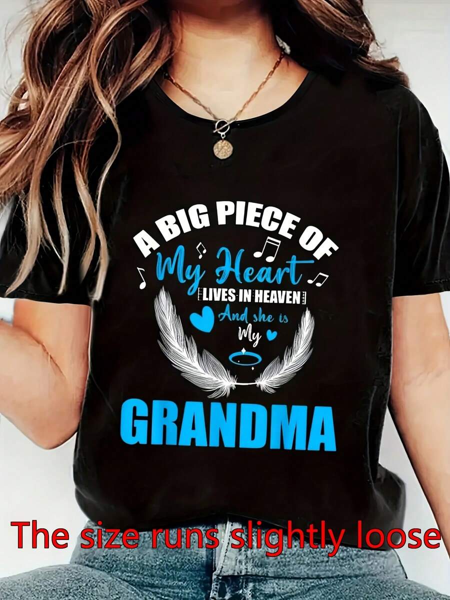 Women's "A Big Piece of My Heart Lives in Heaven" Memorial T-Shirt - Black Short Sleeve Crew Neck Top with Angel Wings & Musical Notes Graphic, Comfort Fit Casual Tee Suitable for Seasons, Machine Washable for Casual Attire & Remembrance