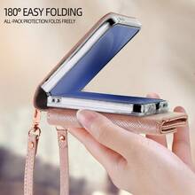 VIETAO Ốp điện thoại giả da có dây đeo và khe đựng thẻ, tương thích với Samsung Galaxy Z Flip 3 4 5 6 7, vỏ bảo vệ điện thoại thời trang có dây đeo tay Flip3 Flip4 Flip5 Flip6 - Hoa hồng vàng - Xem 6