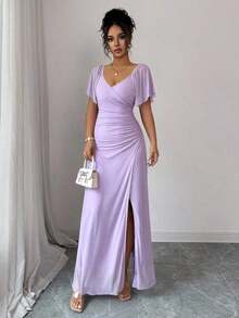 Vestido morado claro con cuello en V, mangas con volantes, cintura plisada y abertura, vestido elegante de dama de honor, vestido de fiesta, primavera/verano - Morado - Ver 4