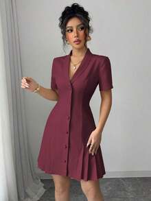 Vestido corto burdeos estilo blazer para mujer, solapa, botones decorativos, falda plisada y manga corta, elegante para primavera/verano - Burdeos - Ver 4