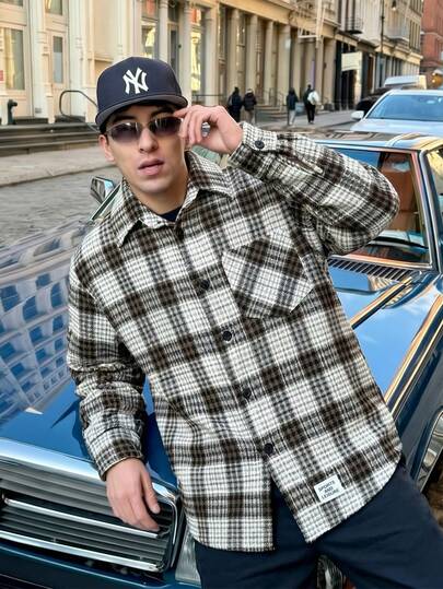 Retro American Brown & White Plaid Wool Shacket, Men's Loose Turndown Collar Brushed Plaid Blazer