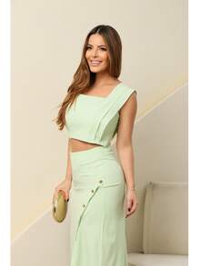 Elegant Tailored Set Consisting Of A Cropped Top And Long Skirt With A Front Slit. - Mint Green - View 1