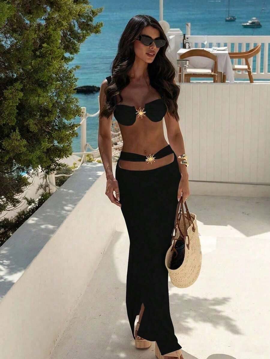 Nuevo conjunto de bikini con falda de cobertura para mujer, decoración de sol de metal, sexy, para verano y playa, color negro - Negro - Ver 1