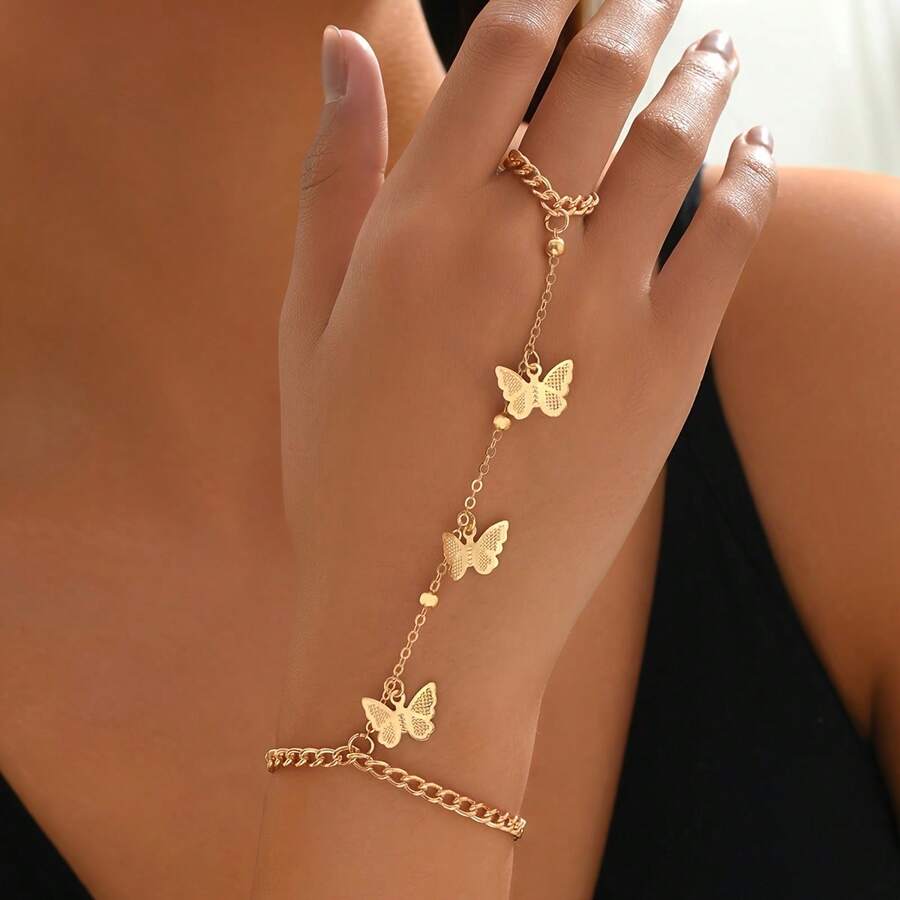Fashionable Vintage Butterfly Pendant Chain Finger Bracelet - 金色 - 查看 1