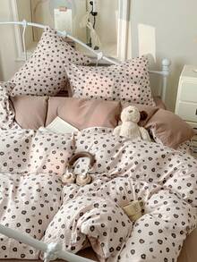 3pcs Heart-Shaped Leopard Print Duvet Cover Set, Includes 1*Duvet Cover + 2*Pillowcases, Delicate Bow Print, Brown Leopard Texture Heart Pattern, 100% Polyester, Soft & Skin-Friendly, Home Bedroom Decor, Suitable For All Ages - Mocha Brown - View 6