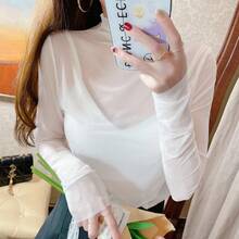 Csa de encaje blanco para mujer, top de malla hueca a la moda para primavera y verano, csa de red con cuello alto, esti... - Jersey de cuello alto de color liso-blanco - Ver 4