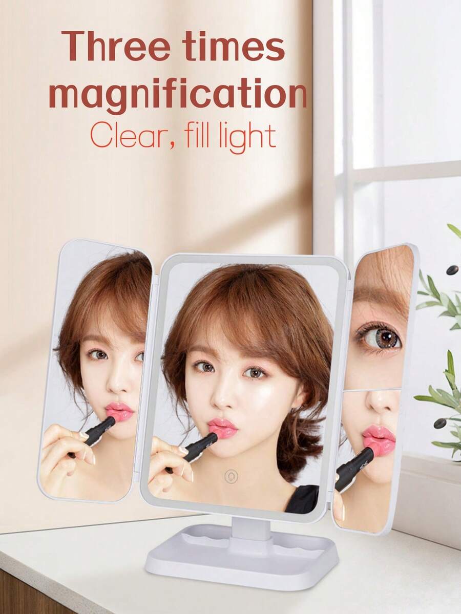 7X/5X/1X Miroir de maquillage grossissant avec lumières, miroir de maquillage LED à 3 volets avec 3 couleurs d'éclairage et luminosité réglable, rotation à 360° et conception amovible, idéal pour un cadeau de voyage