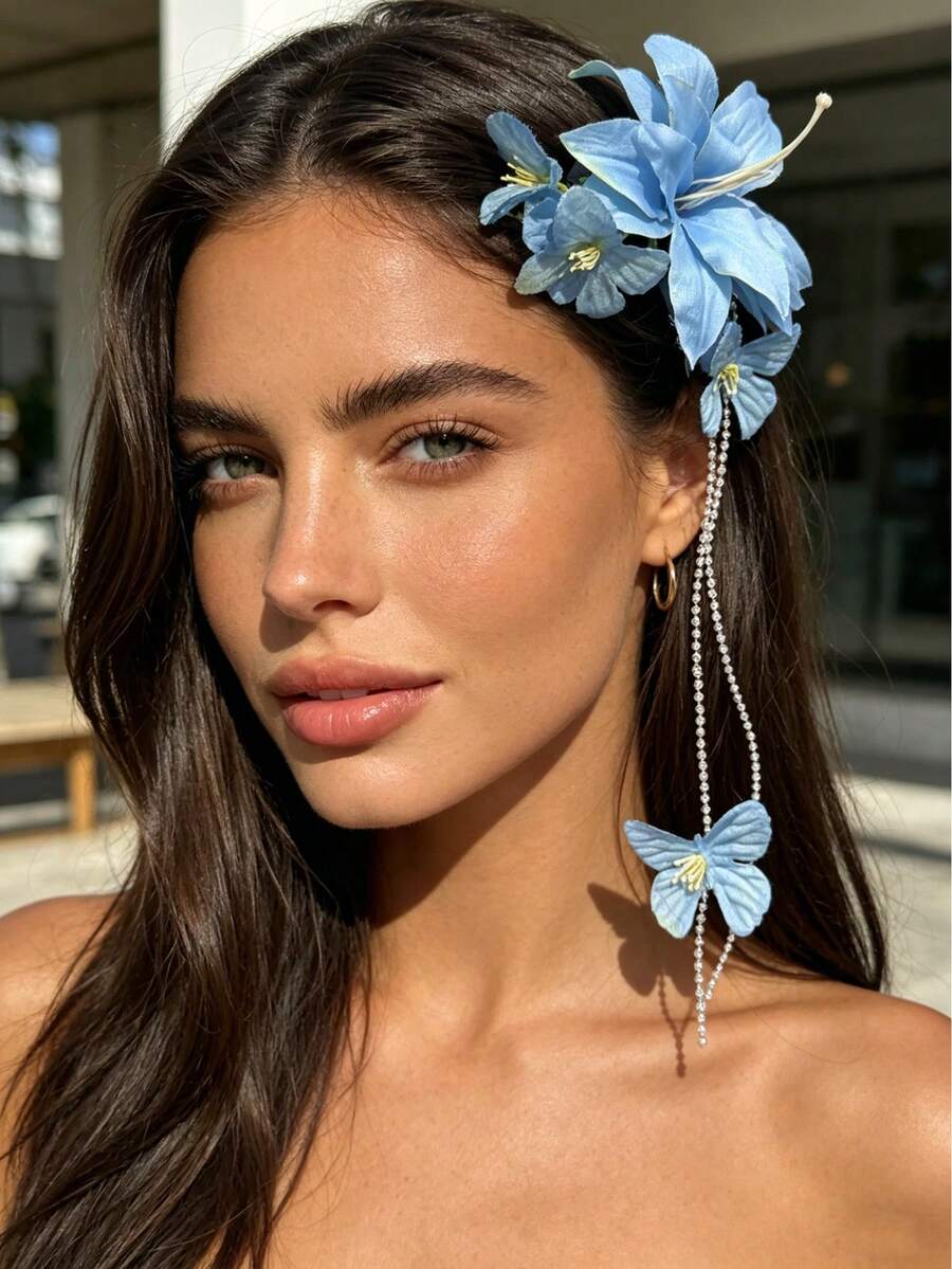 1 chiếc kẹp tóc hoa giả phong cách Bohemian mùa xuân/hè kèm dây hạt hình bướm, phụ kiện tóc cô dâu, du lịch, nghỉ lễ, đi biển, quà tặng lễ hội tinh tế. - Nhiều màu - Xem 1