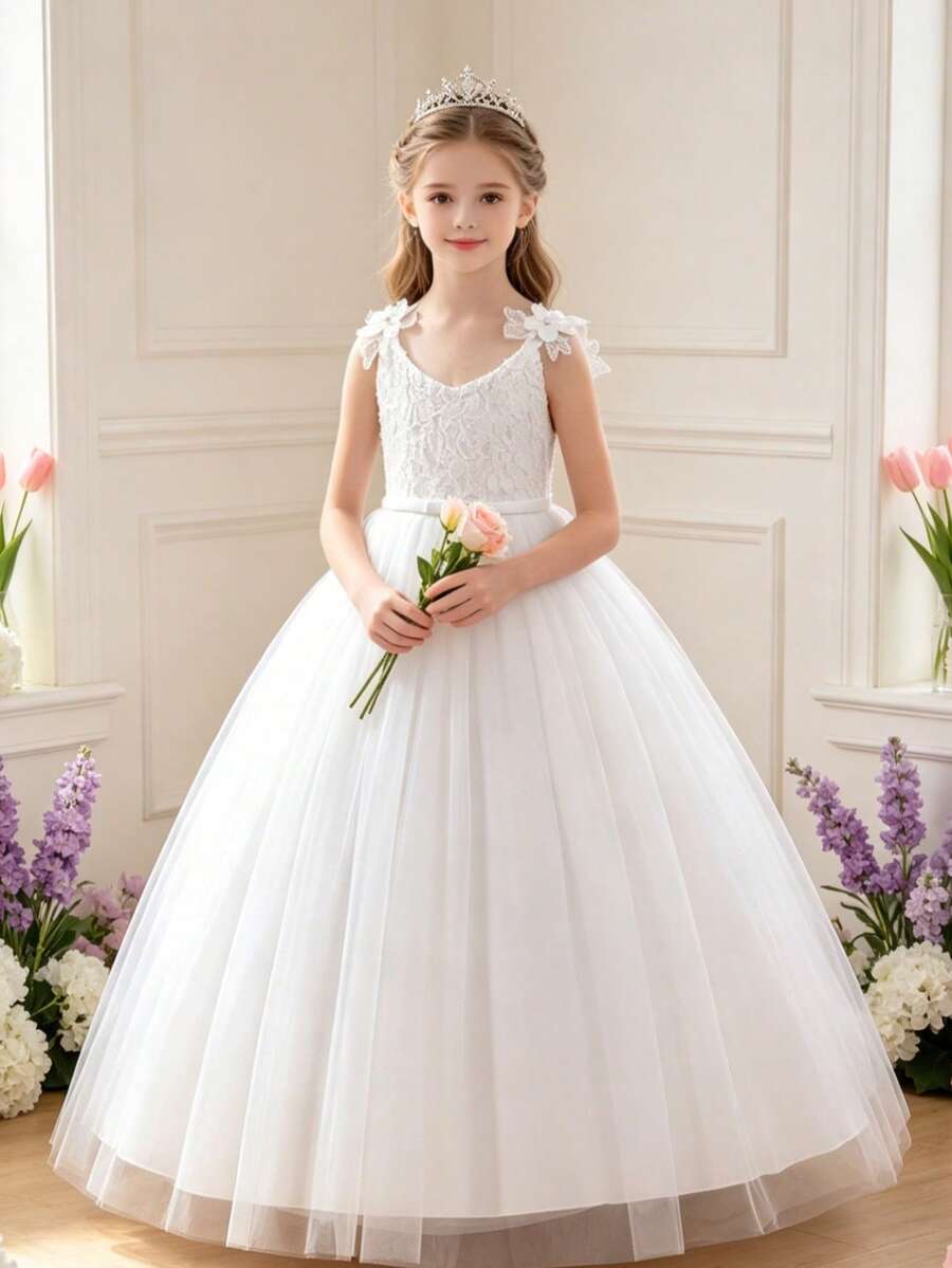 Tween Girl Children Long Dress Suspender Princess Gown, Christmas Wedding Party Formal Dress For Flower Girl, Piano Recital Performance Outfit (Please Select Size According To Bust Measurement)