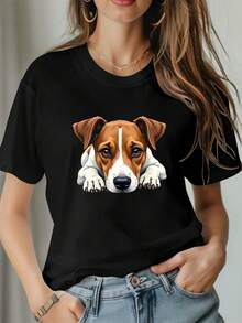 Cute Jack Russell Terrier Graphic Tee for Women - Adorable Dog Illustration with Expressive Eyes & Playful Pose on Black Background | Perfect for Dog Lovers and Casual Outings, Unique and Charming Design | Only One Piece of Clothing - Negro - Ver 2