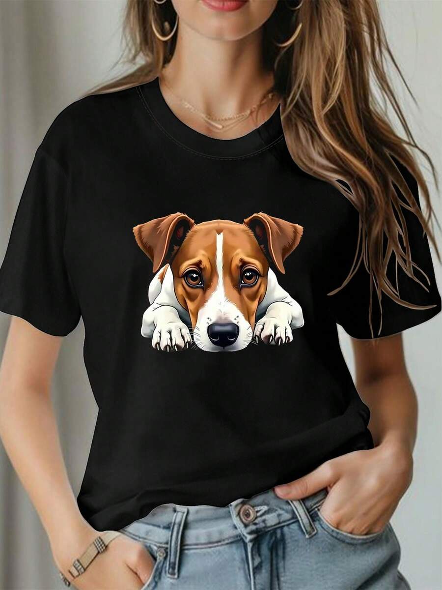 Cute Jack Russell Terrier Graphic Tee for Women - Adorable Dog Illustration with Expressive Eyes & Playful Pose on Black Background | Perfect for Dog Lovers and Casual Outings, Unique and Charming Design | Only One Piece of Clothing