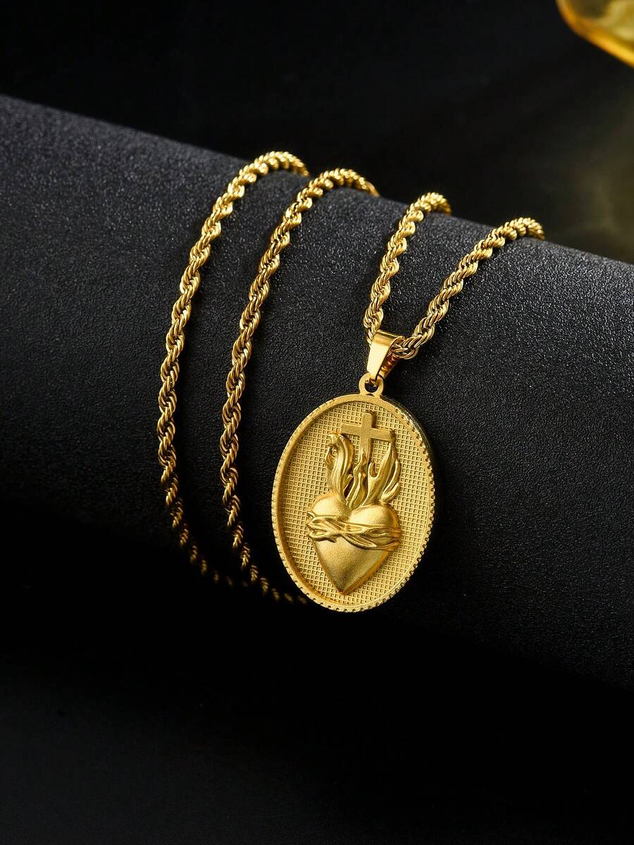 1 chiếc dây chuyền mặt dây chuyền hình Thánh Tâm Chúa Giêsu bằng thép không gỉ mạ vàng 18K dành cho nam, trang sức tôn giáo có hình thánh giá, trang sức cá nhân hóa phong cách Hip-Hop, thích hợp làm quà tặng ngày Lễ Thăng Thiên và đeo hàng ngày theo tín ngưỡng. - Vàng - Xem 1