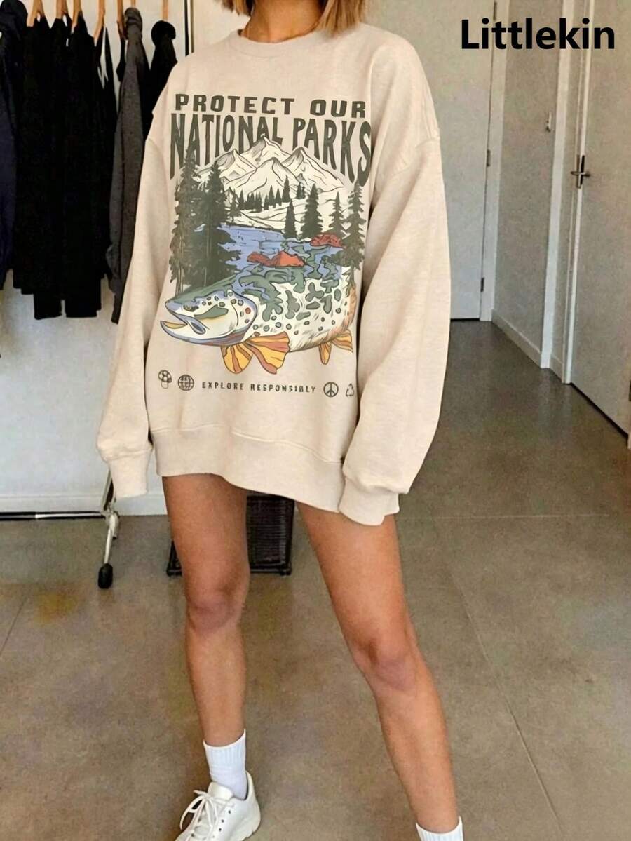 90s National Parks Unisex Sweatshirt Granola Girl Shirt Respect The Local Wildlife Pullover Hiking Camping Clothes Wanderlust Shirt - 杏色 - 查看 1