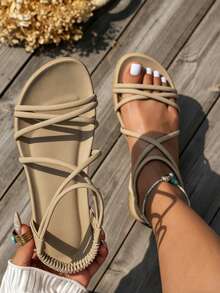 A Pair Of Shoes Elegant Vacation Beach PU Leather Criss Cross Flat Sandals Beach Holiday School Vacation Party Office Home Summer - 卡其色 - 查看 1