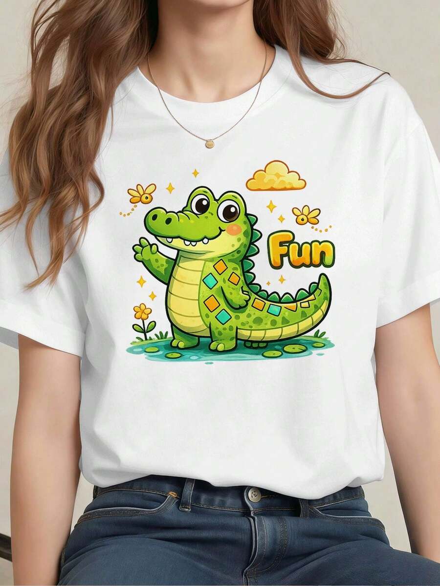 Maglietta divertente con alligatore cartone animato, tessuto premium, vestibilità comoda, traspirante, stile strada hip-hop, stampa grafica unica - Bianco - Visualizzare 1