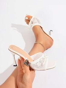 Giày sandal cao gót nữ 2026, sandal cao gót thanh lịch phối ren lưới nơ mới cho mùa xuân/hè, giày dự tiệc, ngày Valentine. - trắng - Xem 1