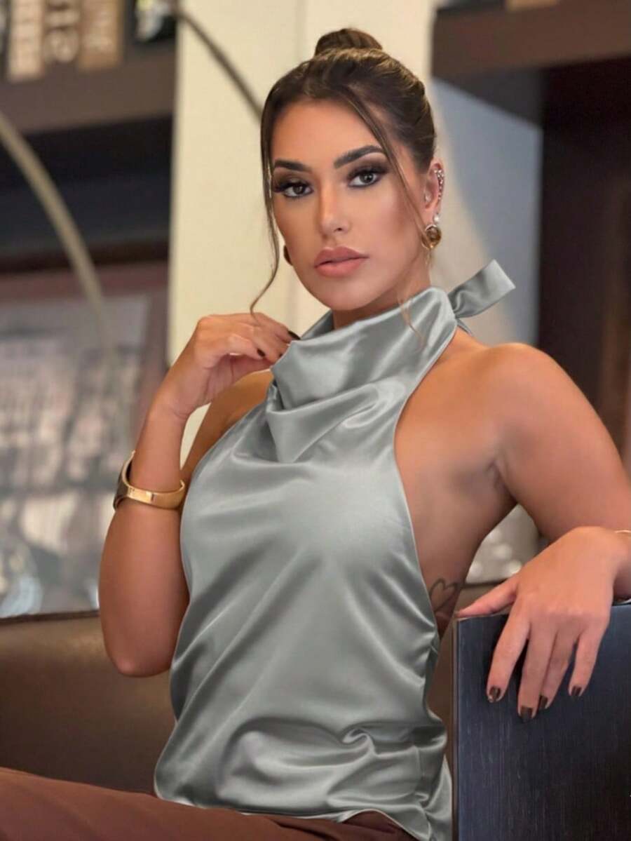Women's Halter Neck Blouse With Draped Collar, Satin Fabric With Elastane, Elegant And Sophisticated. - Xám - Xem 1