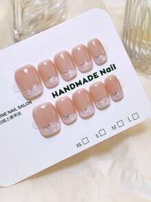 10 Móng Tay Giả Thủ Công, Màu Hồng Nude Ngắn Vuông Kiểu Pháp Với Kim Tuyến Bạc - Nhiều màu - Xem 3