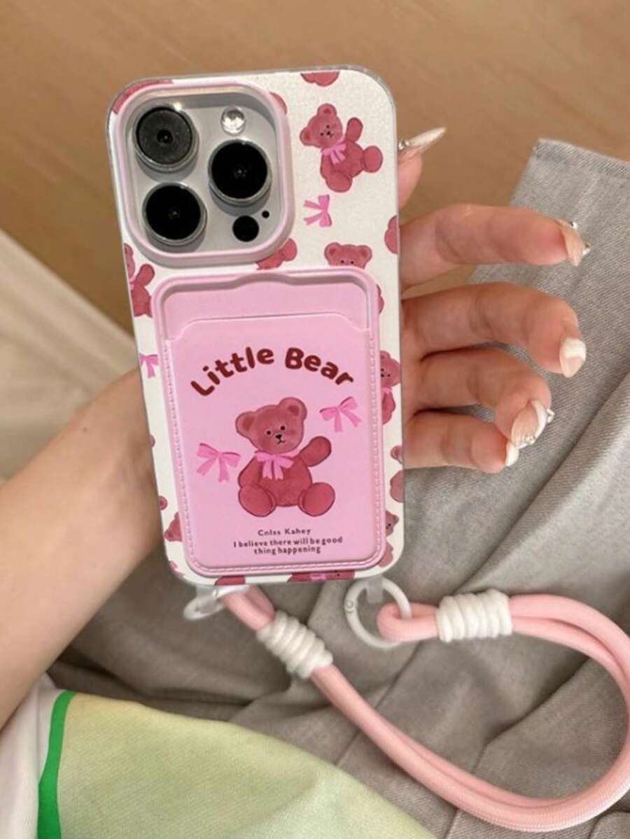 1 pieza Funda de teléfono con oso de peluche de lazo de dibujos animados, adecuada para iPhone 17 Pro Max, Apple 13, 14, con soporte para tarjetas, cordón, 11 para mujeres - Rosa - Ver 1