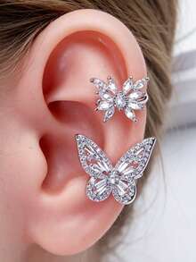 1pc Exquisite Double-Layer Hollow Butterfly Rhinestone Ear Clip, Niche Design Silver Earrings, Elegant Office Wear - Silver - View 7