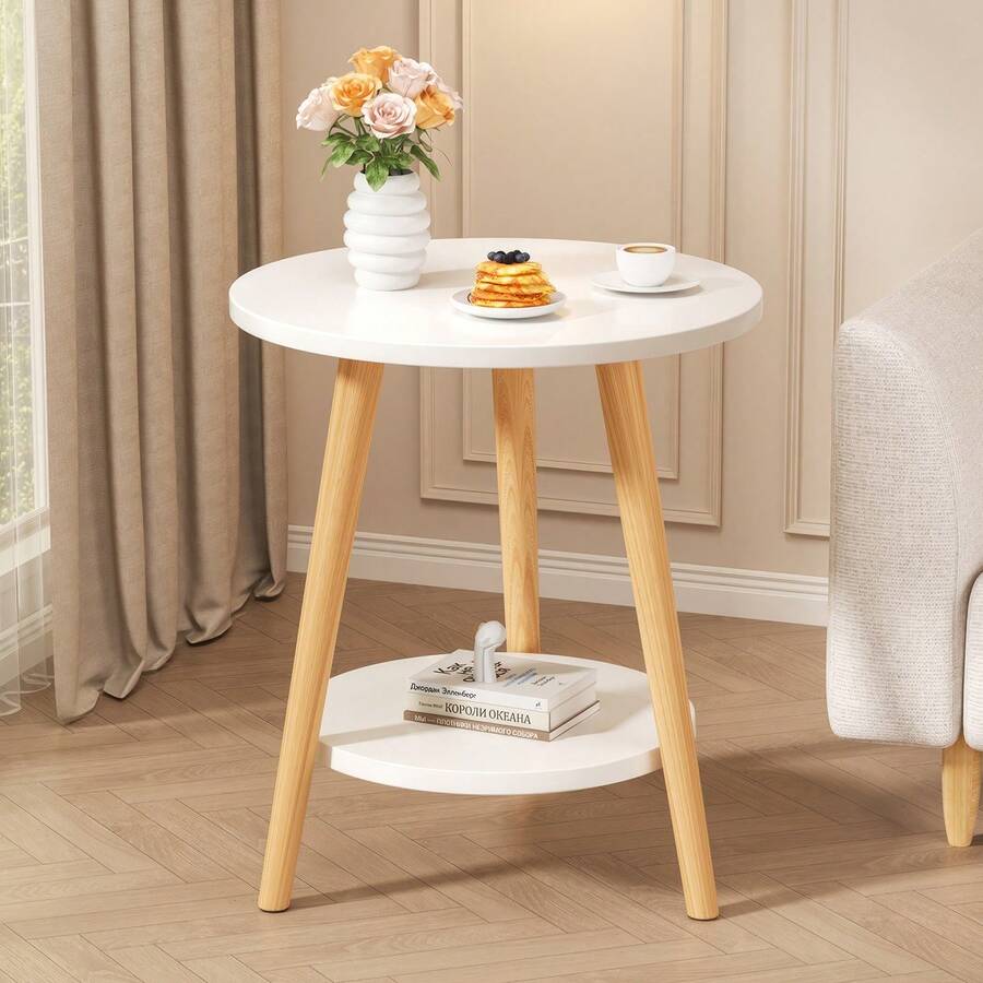 Modern Minimalist Double-Layer Coffee Table, Living Room Side Table, Multi-Function Open Storage Rack, Bedside Table, Sofa Table With Solid Wood Legs, Easy Assembly - White - View 1