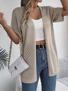 Cardigan de Malha Leve Plus Size, Frente Aberta, Manga Curta, Comprimento Médio, Semitransparente, Bainha Regular, Feminino Verão - Multicolorido - Visão 4