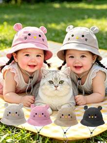 1pc Toddler Cute Cat Bucket Hat, With Adjustable Chin Strap Sun Hat, Unisex Kids Casual Beach Hat, Suitable For Outdoor Daily Use - Multicolor - View 1