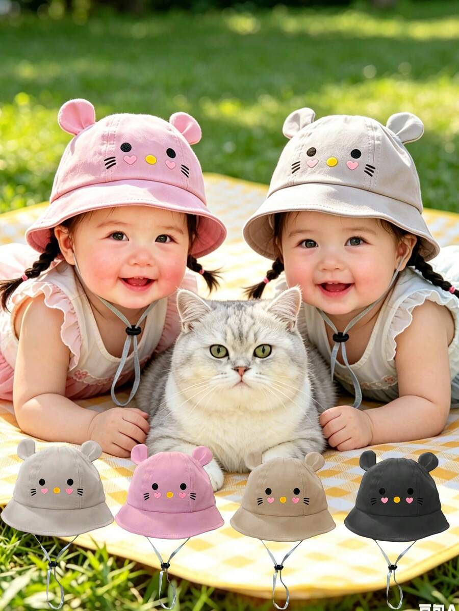 1pc Toddler Cute Cat Bucket Hat, With Adjustable Chin Strap Sun Hat, Unisex Kids Casual Beach Hat, Suitable For Outdoor Daily Use - Multicolor - View 1