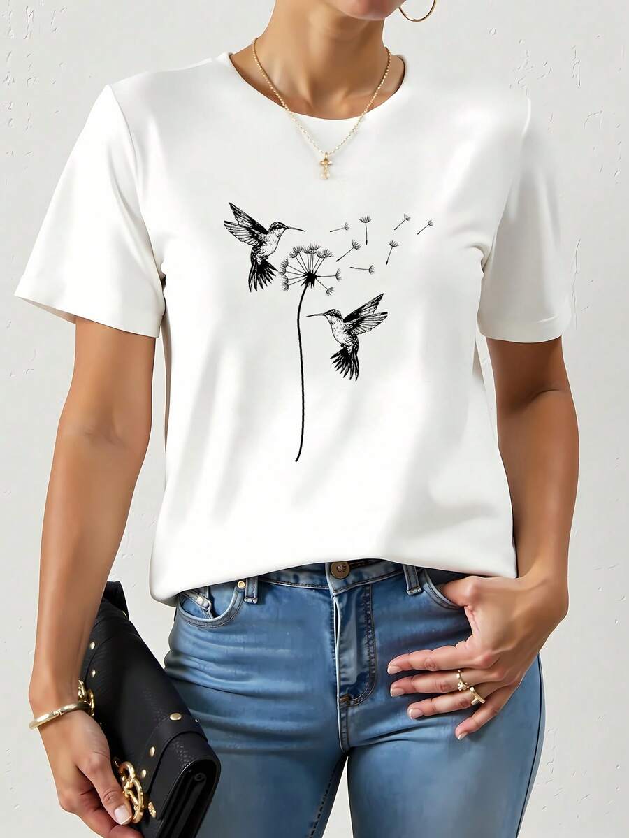 Camiseta de manga corta de verano de las mujeres - linda camiseta de cuello redondo de impresión de colibrí, tops de verano de primavera casual con pájaro, ropa casual lavable en la máquina y trajes al aire libre para el almuerzo o las compras (stock de una pieza)