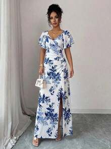 Vestido morado claro con cuello en V, mangas con volantes, cintura plisada y abertura, vestido elegante de dama de honor, vestido de fiesta, primavera/verano - Azul y blanco - Ver 6