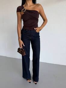 Chic White One-Shoulder Asymmetric Top - Elegant Ruched Blouse With Gold Buckle Detail - Coffee Brown - View 3