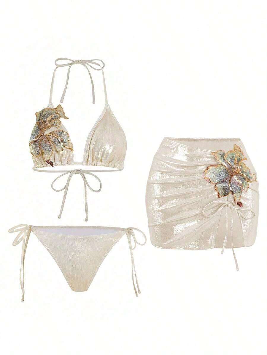 Swim Oasis Set de 3 piezas Nuevo traje de baño de triángulo con sujetador push-up, bordado floral y tela brillante de lentejuelas para mujer - Albaricoque - Ver 1